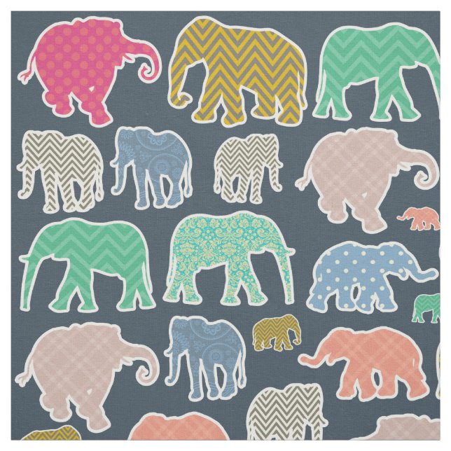 Colourful Elephants, Pattern Of Elephants, Zigzag Fabric (Swatch)
