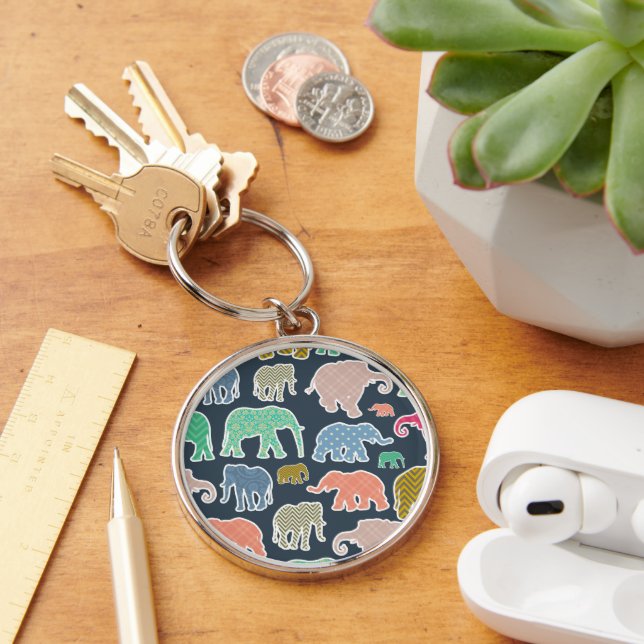 Colourful Elephants, Pattern Of Elephants, Zigzag Key Ring (Desk)
