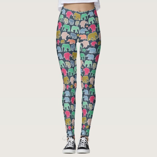 Colourful Elephants, Pattern Of Elephants, Zigzag Leggings (Front)