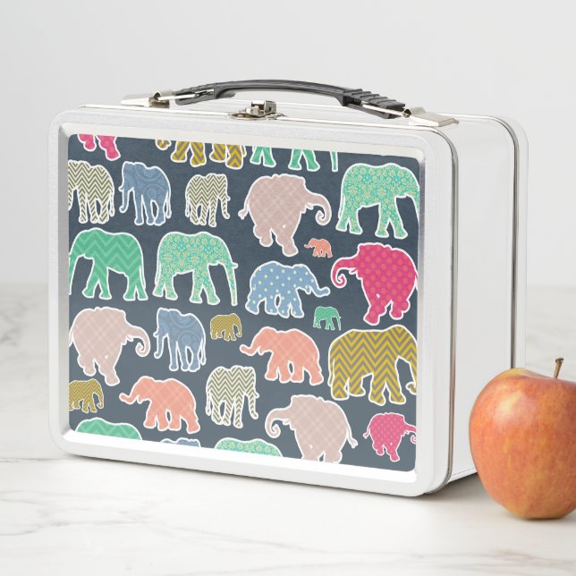 Colourful Elephants, Pattern Of Elephants, Zigzag Metal Lunch Box (In Situ)