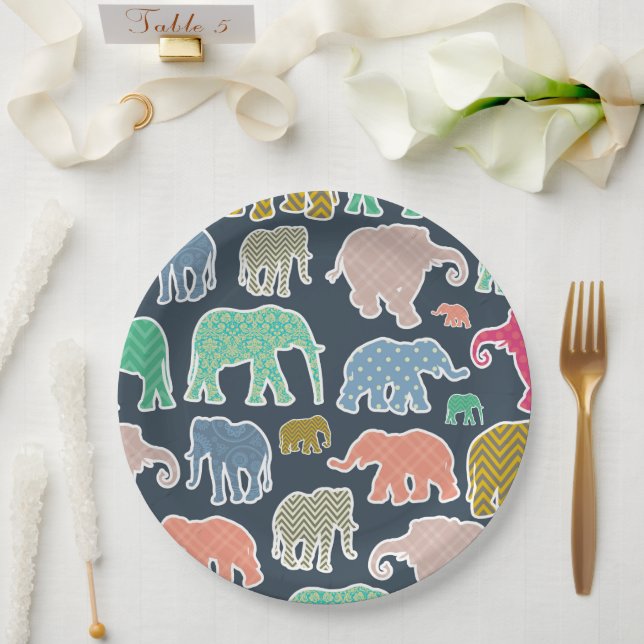 Colourful Elephants, Pattern Of Elephants, Zigzag Paper Plate (Wedding)