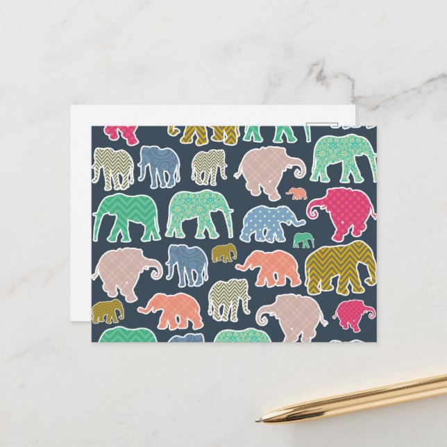 Colourful Elephants, Pattern Of Elephants, Zigzag Postcard (Front/Back In Situ)
