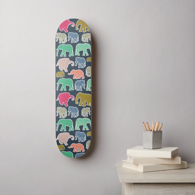 Colourful Elephants, Pattern Of Elephants, Zigzag Skateboard (Wall Art)