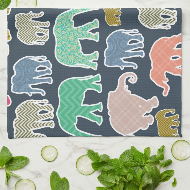 Colourful Elephants, Pattern Of Elephants, Zigzag Tea Towel (Folded)