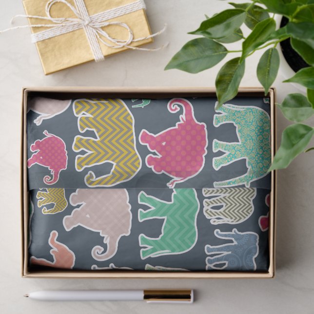 Colourful Elephants, Pattern Of Elephants, Zigzag Tissue Paper (Gift)