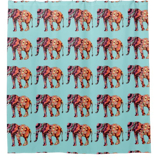 Colourful Elephants Tiled on a Blue Background Shower Curtain (Front)