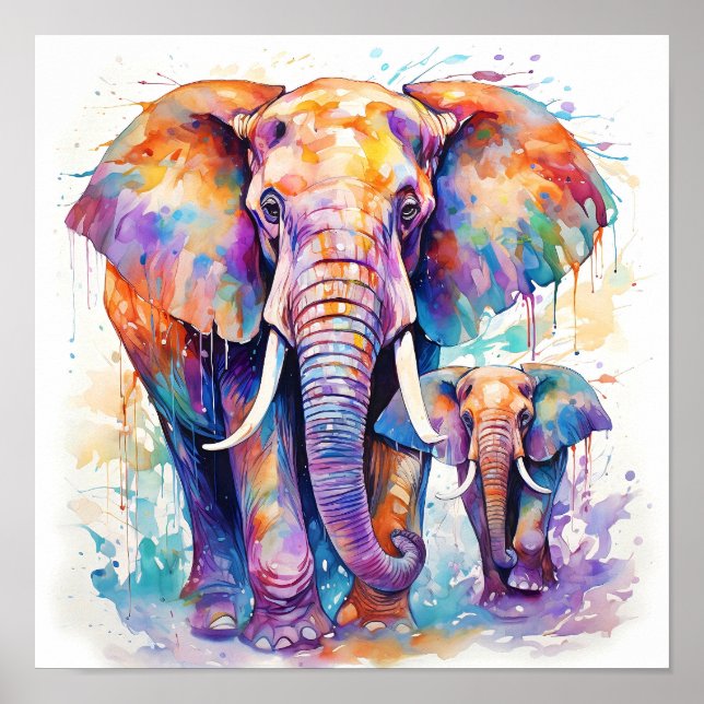 Colourful Elephants Watercolor Painting  Poster (Front)