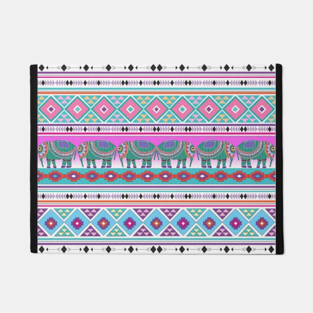 Colourful Elephants with Aztec Pattern Doormat (Front)
