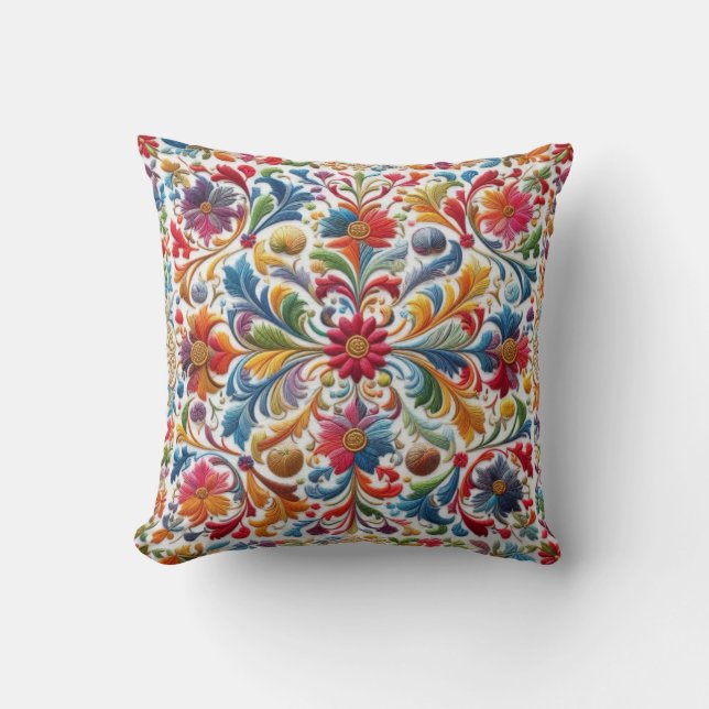 Colourful Embroidery Looking Floral Design Cushion (Front)
