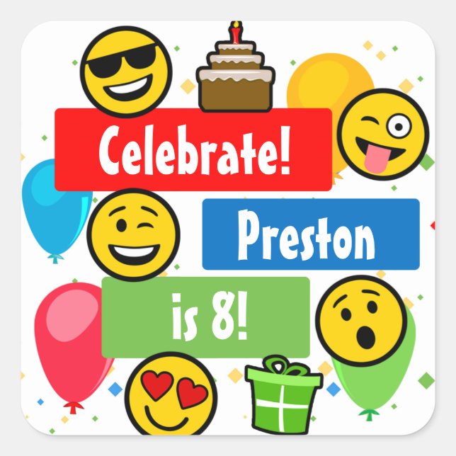 Colourful Emoji Birthday Party Kids or Boys Custom Square Sticker (Front)