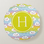 Colourful Emoji Kawaii Clouds Pattern Monogram Round Cushion<br><div class="desc">Add a cute accent to your living room or bedroom with this adorable monogram pillow.  It features kawaii clouds with colourful waves pattern. Personalise this clouds pillow by adding a monogram. This kawaii pattern round pillow will be perfect as a personalised gift.</div>