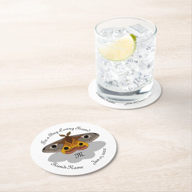 Colourful Emperor Moth Monogram Round Paper Coaster (Insitu)