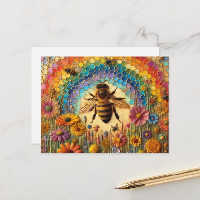 Colourful Encaustic Bees Postcard (Front/Back In Situ)