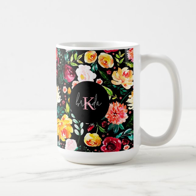 Colourful English garden flowers pattern monograms Coffee Mug (Right)