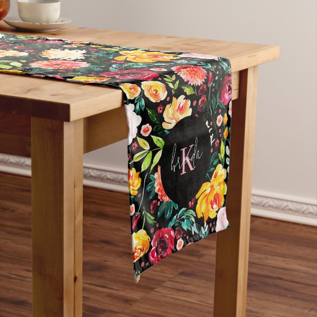 Colourful English garden flowers pattern monograms Medium Table Runner (In Situ)