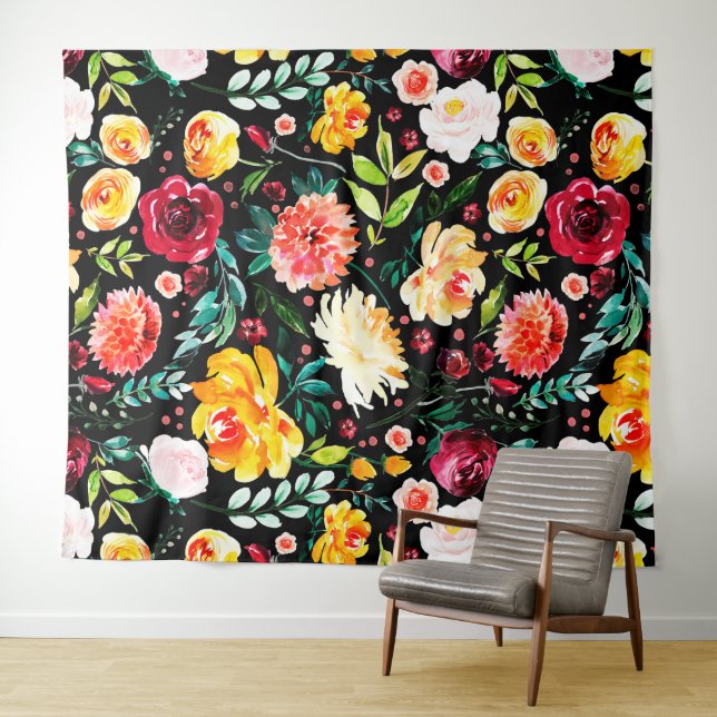Colourful English garden watercolor flowers patter Tapestry (In Situ (Horizontal))