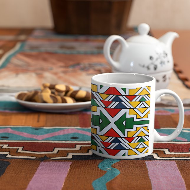 Colourful Ethnic African Tribal Geometric Drinkwar Coffee Mug (Colorful Ethnic African Tribal Geometric Coffee Mug On Top Of Table Runner With Cookies Backdrop)