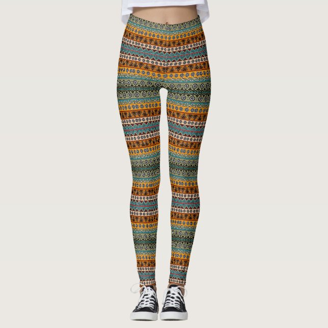 Colourful ethnic aztec patterns design decorative leggings (Front)