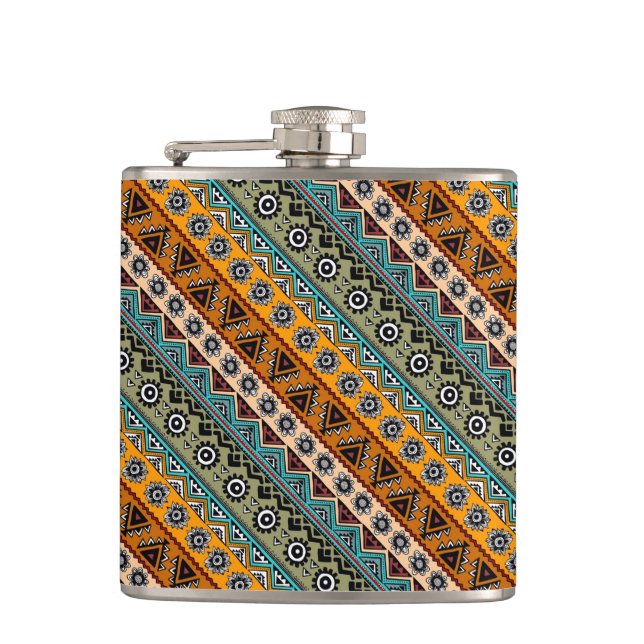 Colourful ethnic aztec patterns design hip flask (Front)