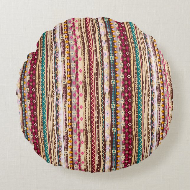 Colourful Ethnic Boho Tribal Pattern Round Cushion (Front)