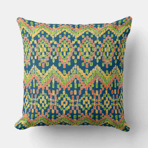 Colourful Ethnic Ikat Pattern on Blue Cushion