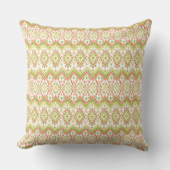 Colourful Ethnic Ikat Pattern on White Cushion (Front)
