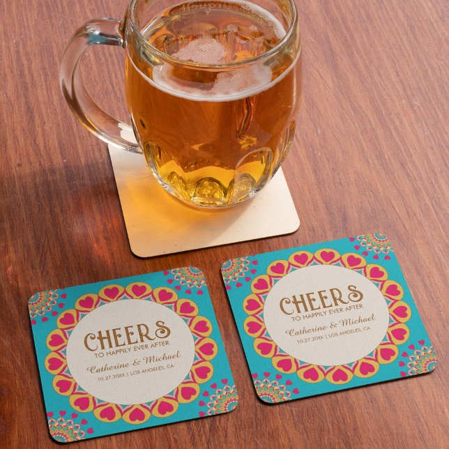 Colourful Ethnic Mandala Bold & Bright Wedding  Square Paper Coaster (Creator Uploaded)