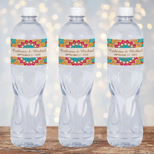 Colourful Ethnic Mandala Bold & Bright Wedding Water Bottle Label