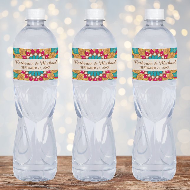 Colourful Ethnic Mandala Bold & Bright Wedding  Water Bottle Label (Creator Uploaded)