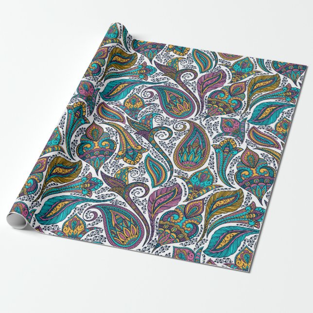 Colourful ethnic paisley pattern wrapping paper (Unrolled)