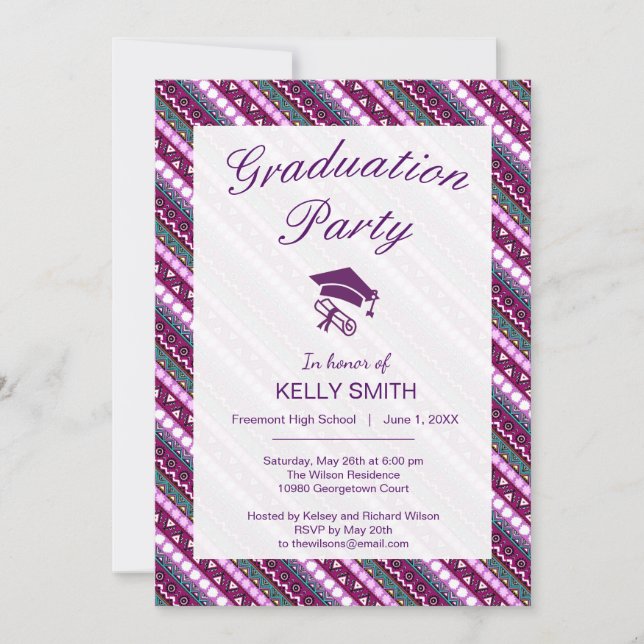 Colourful ethnic patterns design graduation party invitation (Front)