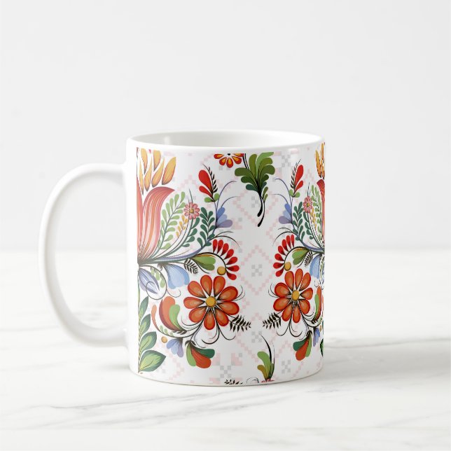 Colourful Ethnic Petrykivka: Ukrainian Flowers. Coffee Mug (Left)