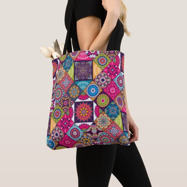 Colourful ethnic tiles pattern tote bag (Close Up)
