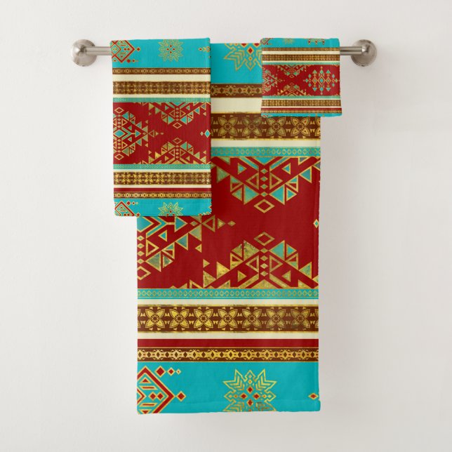 Colourful Etnic Ornament - teal and red Bath Towel Set (Insitu)