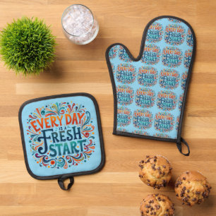 Colourful "Every Day is a Fresh Start" Motivationa Oven Mitt & Pot Holder Set