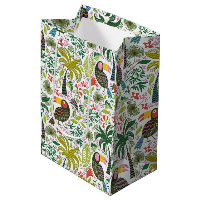 Colourful Exotic Birds And Flowers Pattern Medium Gift Bag (Front Angled)