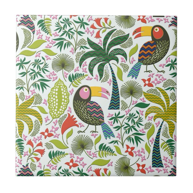 Colourful Exotic Birds And Flowers Pattern Tile (Front)