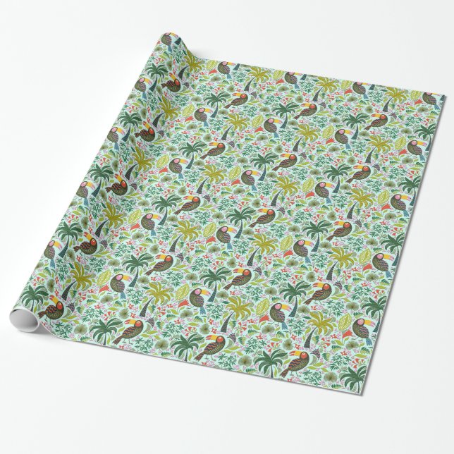 Colourful Exotic Birds And Flowers Pattern Wrapping Paper (Unrolled)