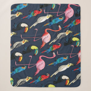 Colourful Exotic Birds Dark Pattern Sherpa Blanket