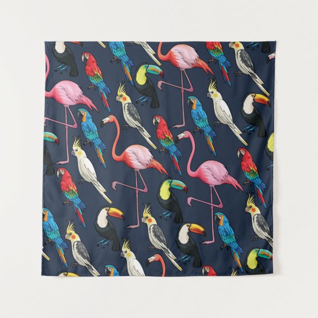 Colourful Exotic Birds Dark Pattern Tapestry (Front)