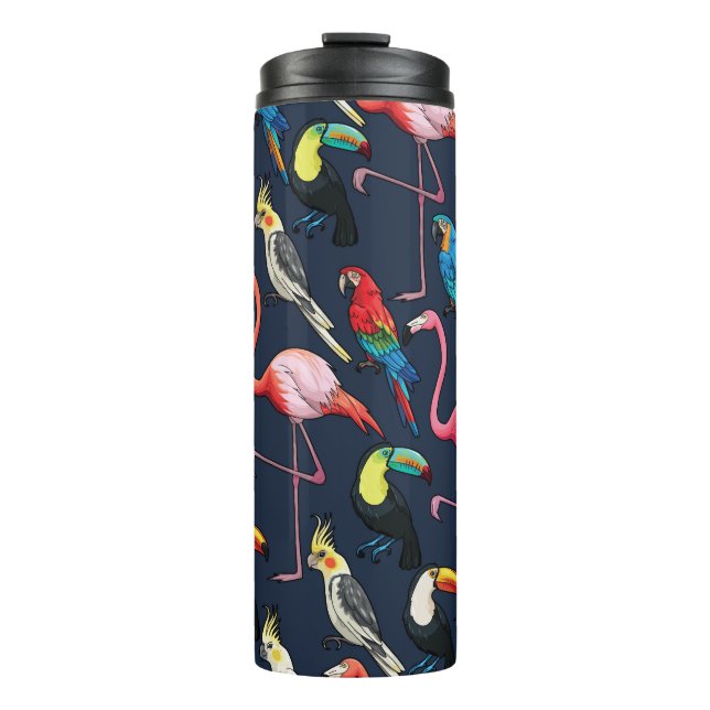 Colourful Exotic Birds Dark Pattern Thermal Tumbler (Front)