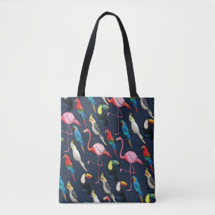 Colourful Exotic Birds Dark Pattern Tote Bag