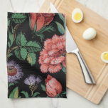 Colourful Exotic Floral & Bird-Black Background  Tea Towel<br><div class="desc">Bold and colourful coral and purple flowers and curving branches with exotic birds & butterfly on black background.</div>