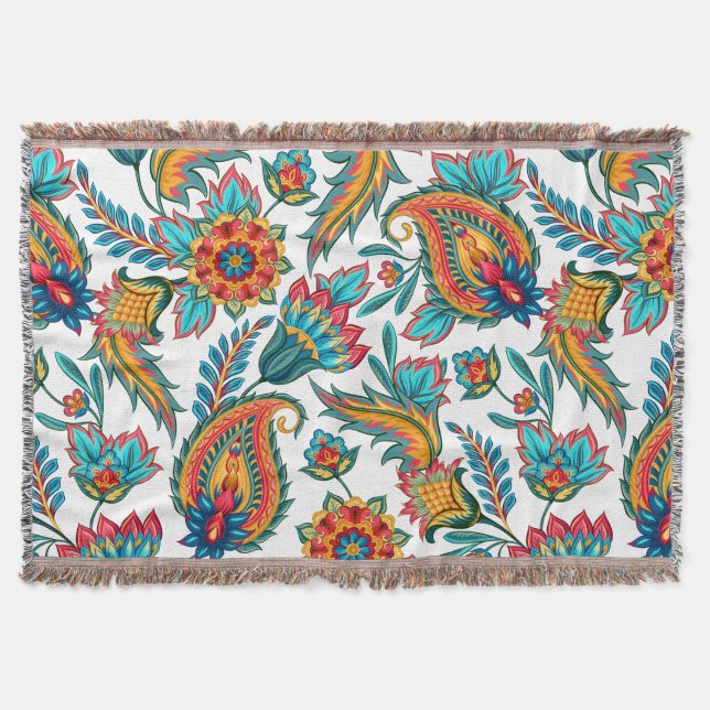 Colourful Exotic Floral Paisley Pattern Throw Blanket (Front)