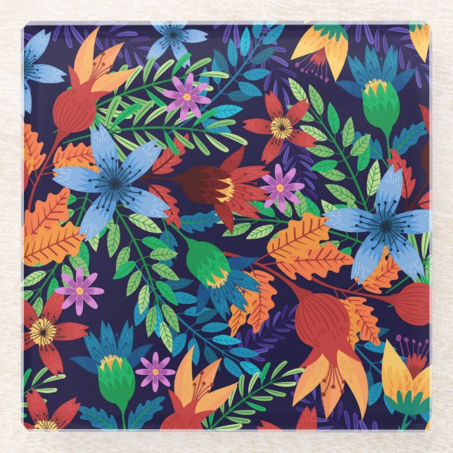 Colourful Exotic Floral Pattern-32436 Glass Coaster (Front)
