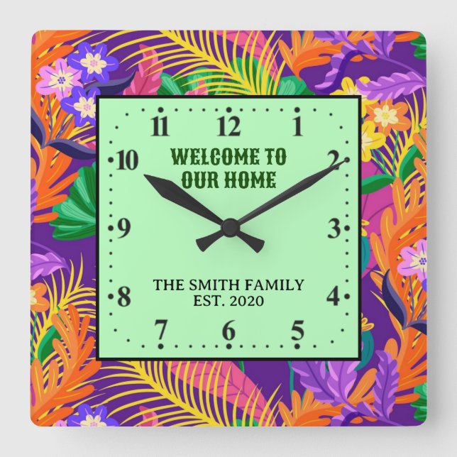 Colourful Exotic Floral Pattern Design  Square Wall Clock (Front)