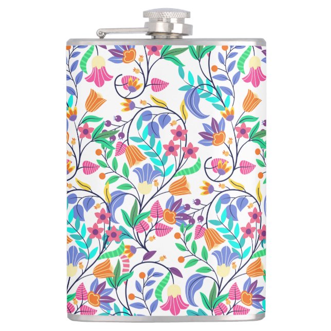 Colourful Exotic Floral Pattern Hip Flask (Front)