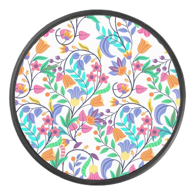 Colourful Exotic Floral Pattern Hockey Puck (Front)
