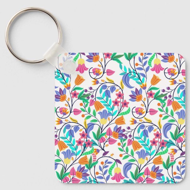 Colourful Exotic Floral Pattern Key Ring (Front)