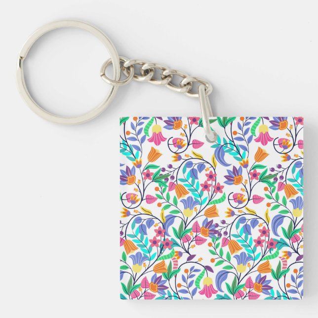 Colourful Exotic Floral Pattern Key Ring (Front)